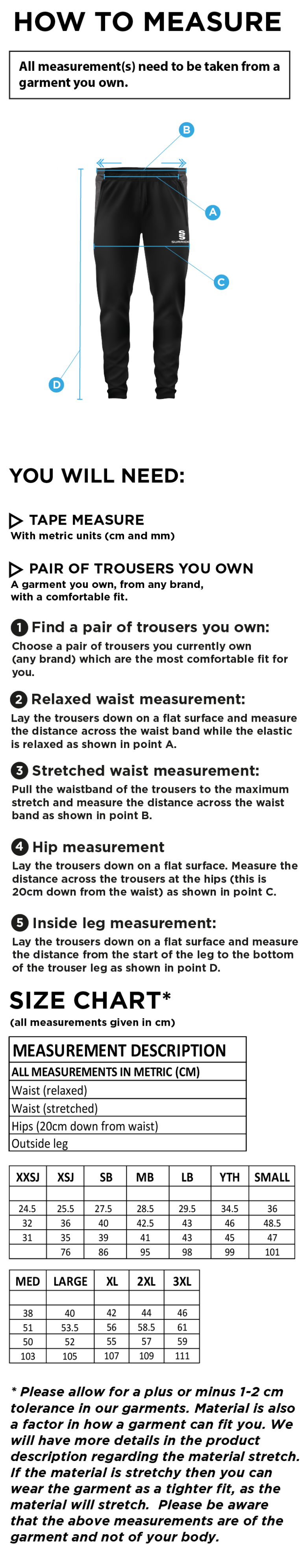 Clayton Park Rangers Tek Pants - Size Guide