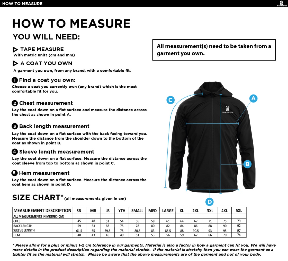 Clayton Park Rangers Training Jacket - Size Guide