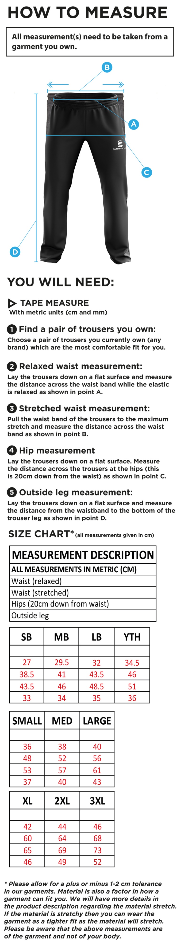 Clayton Park Rangers Ripstop Track Pant Black - Size Guide