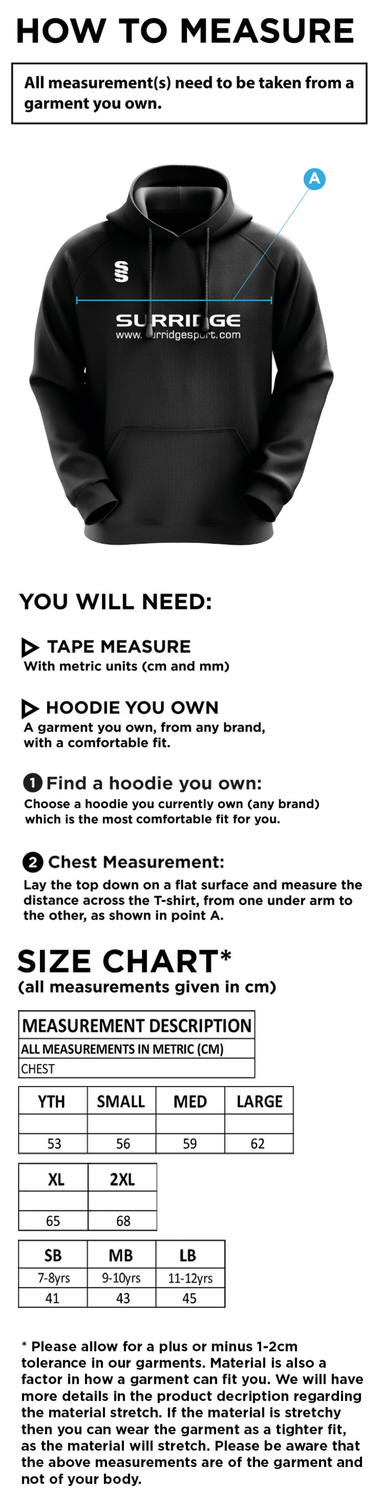 Clayton Park Rangers Blade Hoody - Size Guide