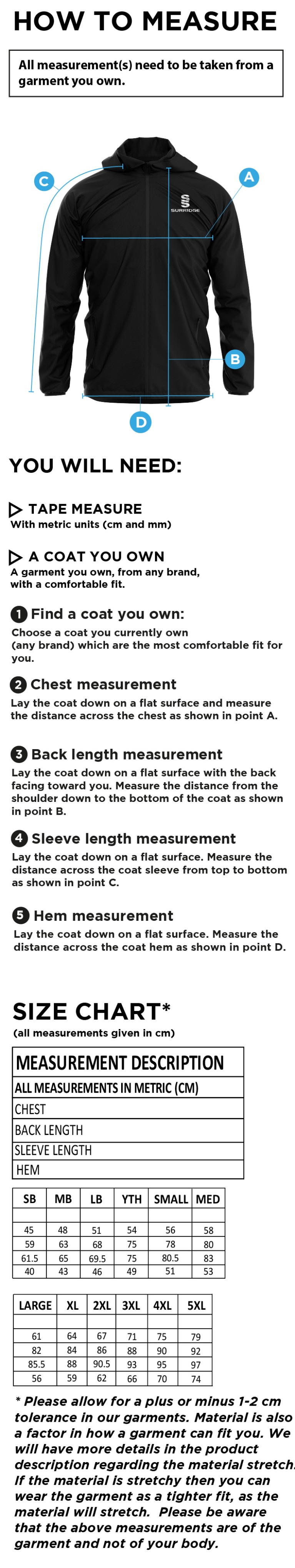 Clayton Park Rangers Training Jacket - Size Guide