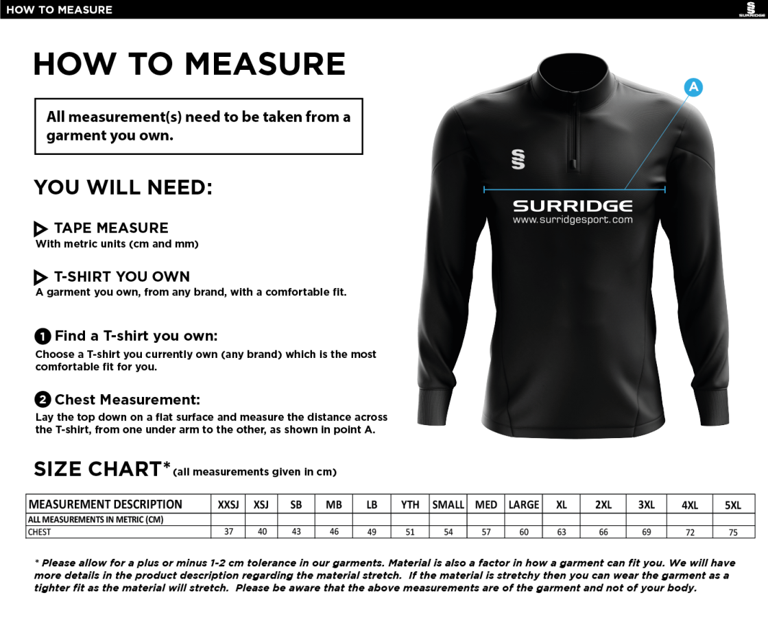 Clayton Park Rangers 1/4 Zip Dual Performance Top - Size Guide
