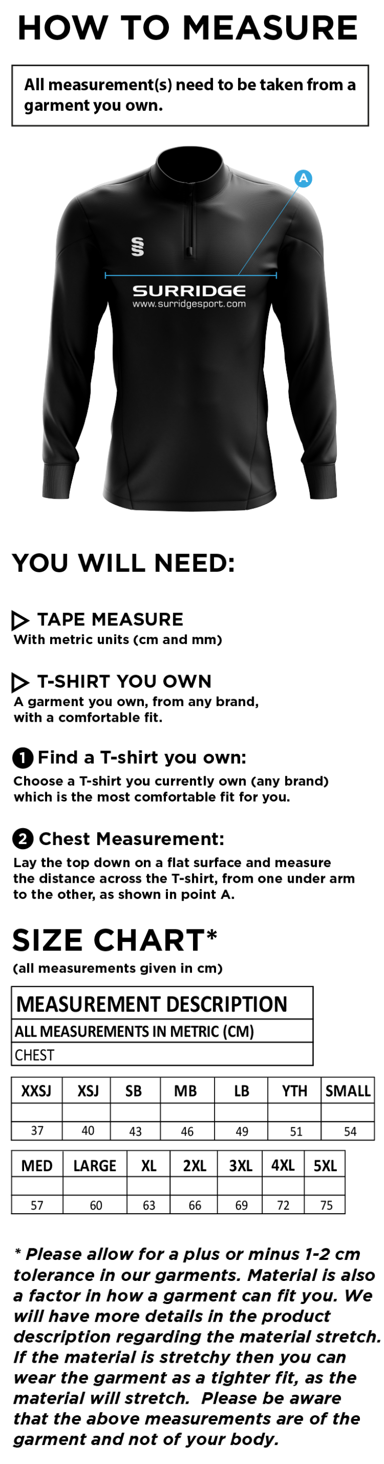 Clayton Park Rangers 1/4 Zip Dual Performance Top - Size Guide