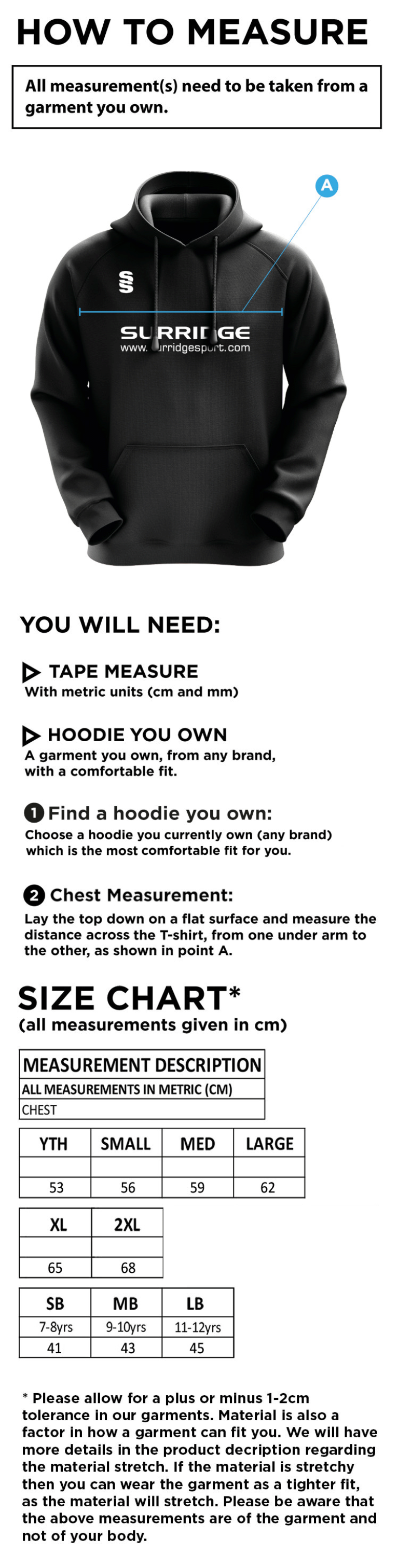 Clayton Park Rangers Blade Hoody - Size Guide