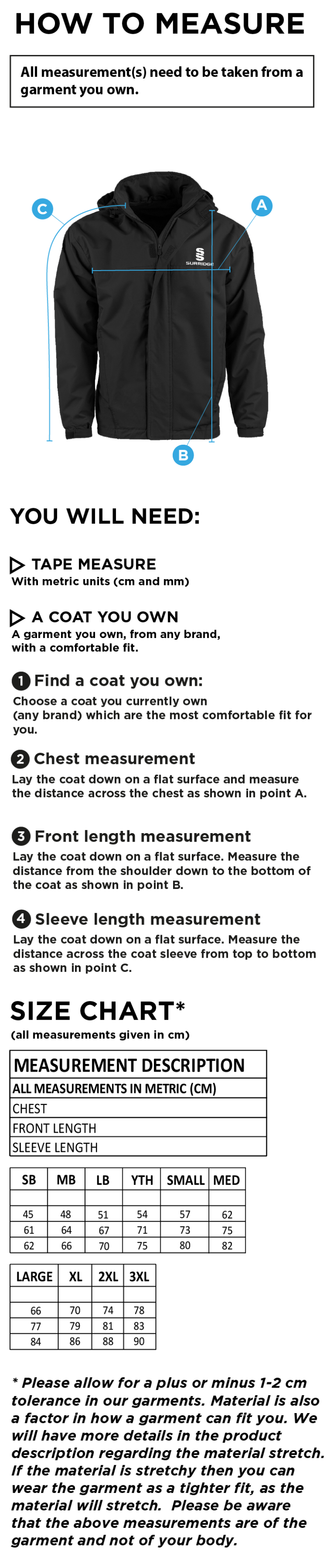 Clayton Park Rangers Fleece Lined Jacket - Size Guide