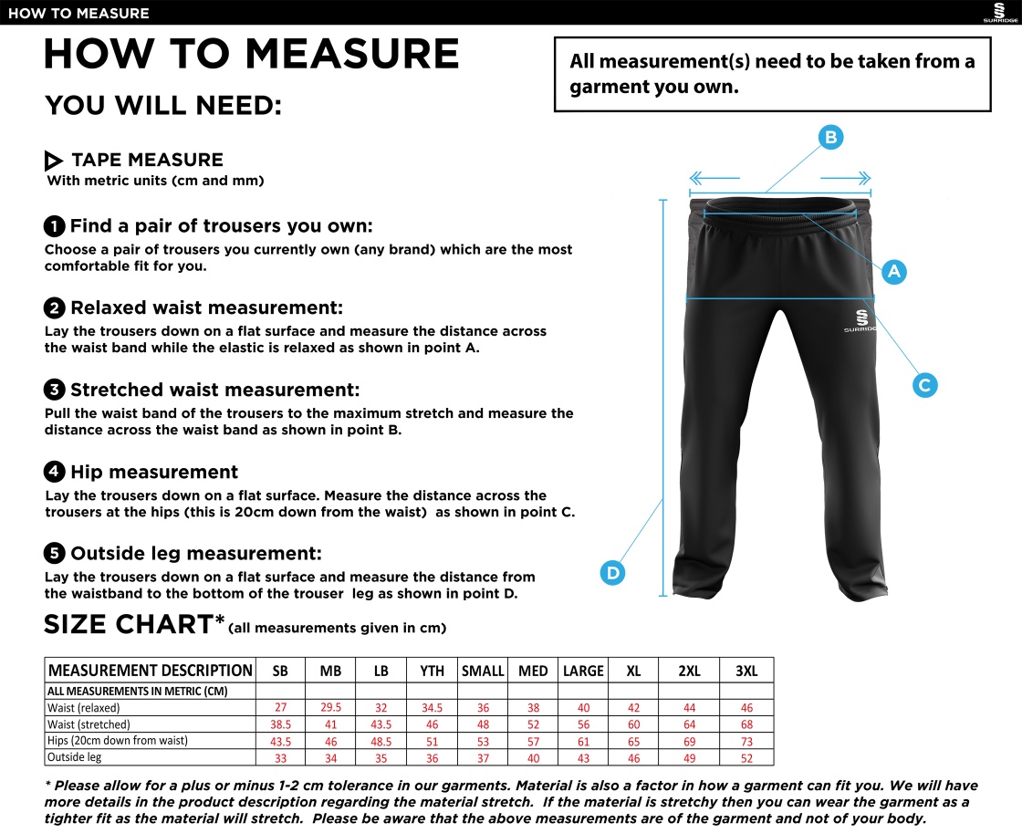 Clayton Park Rangers Ripstop Track Pant Black - Size Guide