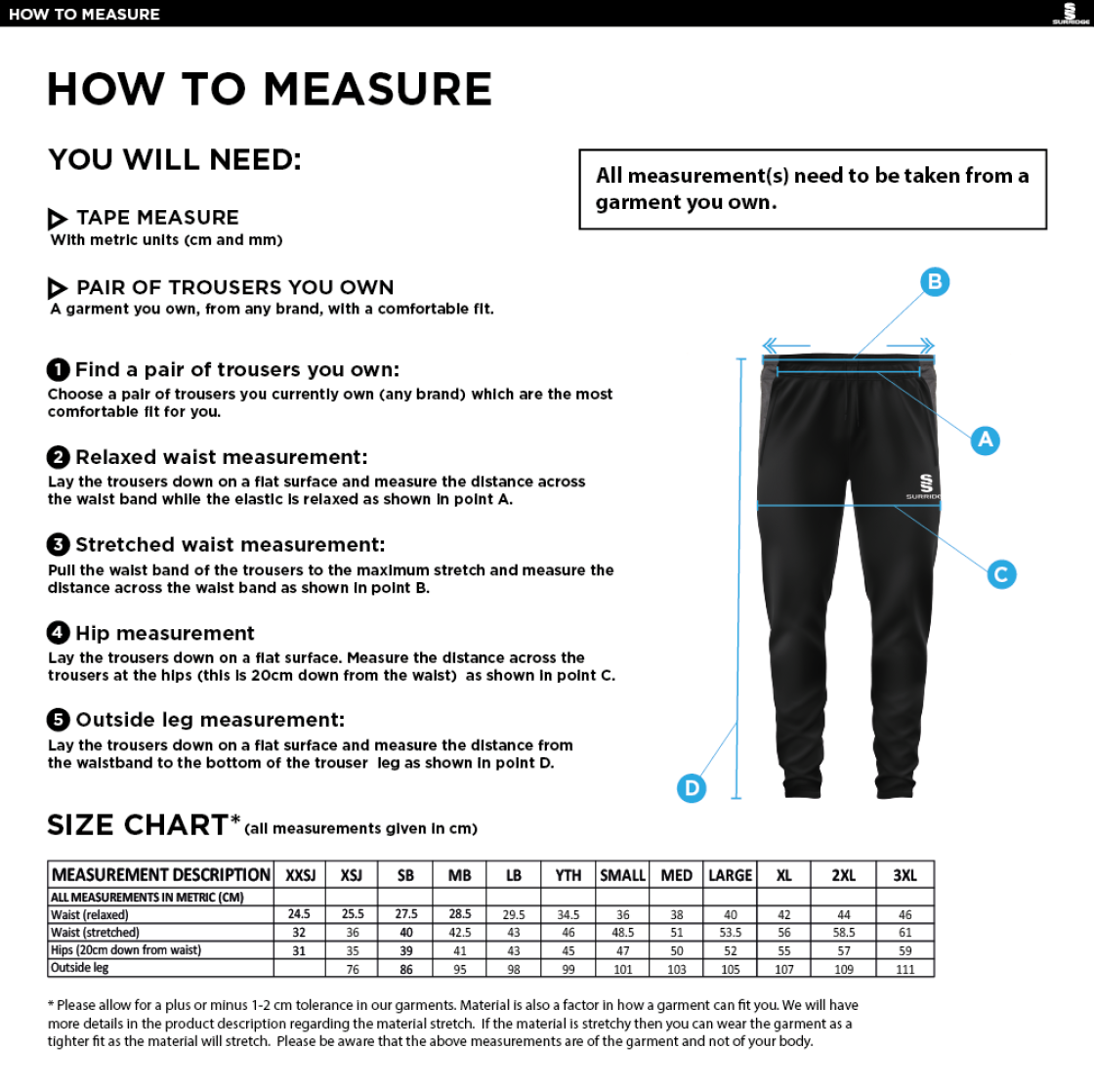 Clayton Park Rangers Tek Pants - Size Guide