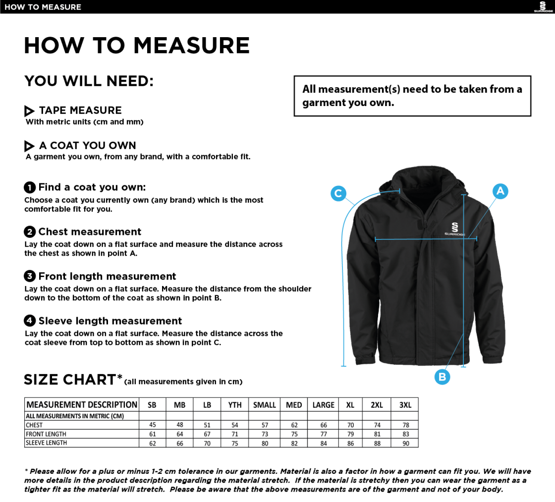 Clayton Park Rangers Fleece Lined Jacket - Size Guide