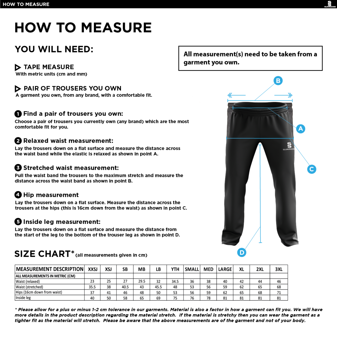 Clayton Park Rangers Poplin Track Pant Black - Size Guide